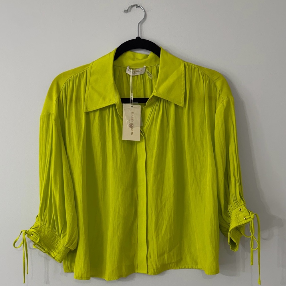 Ramy Brook Amaia Lime Silk Blouse NWT Size L Tie Sleeve Collared Top